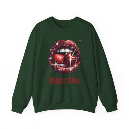 Cherry Kiss Me Sweatshirt, Glitter Lips Cherry Graphic Crewneck, Retro Pop Art Sweatshirt, Cute Flirty Pullover, Unisex Cozy Top