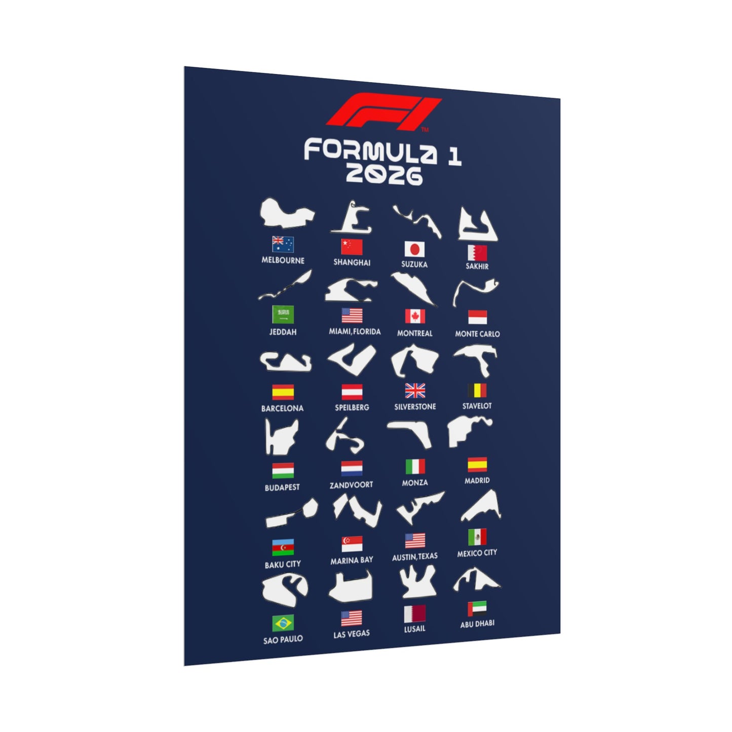Formula 1 2026 Track Silhouettes Poster, F1 Circuits Map Wall Art, Grand Prix Calendar Print, Motorsport Racing Decor, Rolled Poster