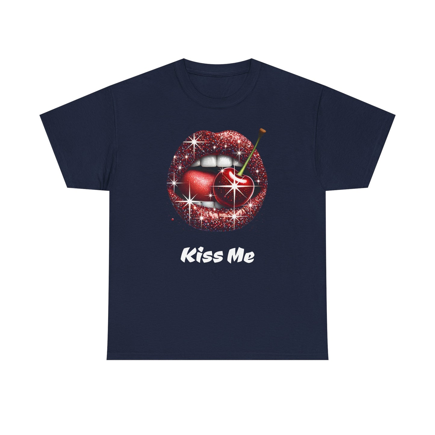 Glitter Lips Cherry Kiss Me Tee, Retro Pinup Graphic Shirt, Flirty Pop Art T-Shirt, Vintage Style Cotton Tee