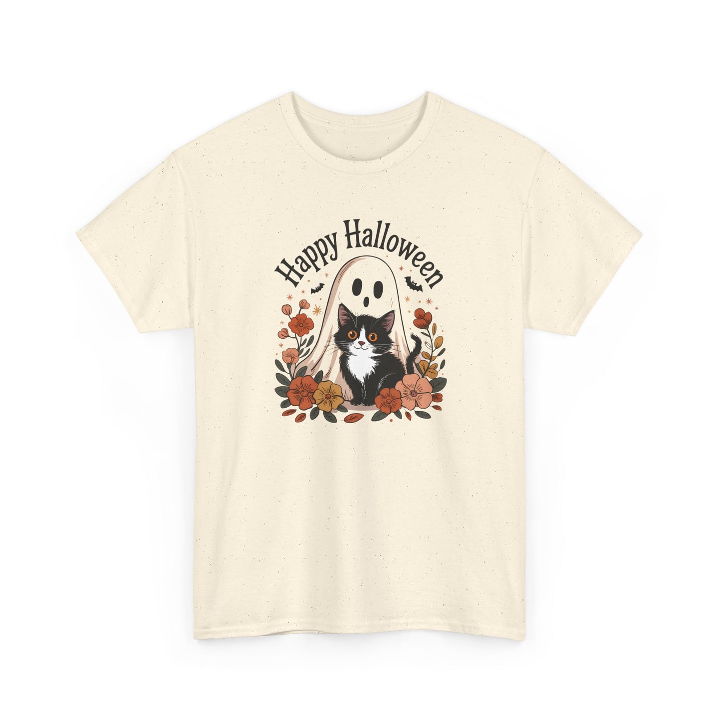 Halloween Cat & Ghost Tee, Heavy Cotton Shirt, Spooky Season Apparel, Autumn Gift, Fall Festival Outfit, Haunted House Wear
