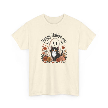 Halloween Cat & Ghost Tee, Heavy Cotton Shirt, Spooky Season Apparel, Autumn Gift, Fall Festival Outfit, Haunted House Wear