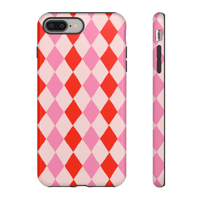 Tough Cases with Red Pink Diamonds, Retro Checkerboard iPhone Case And Samsung Case, Slim Fit Phone Case, Stylish Gift