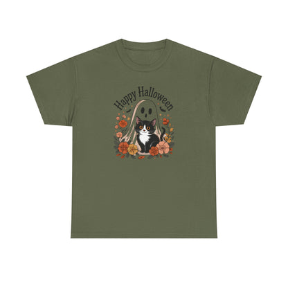 Halloween Cat & Ghost Tee, Heavy Cotton Shirt, Spooky Season Apparel, Autumn Gift, Fall Festival Outfit, Haunted House Wear