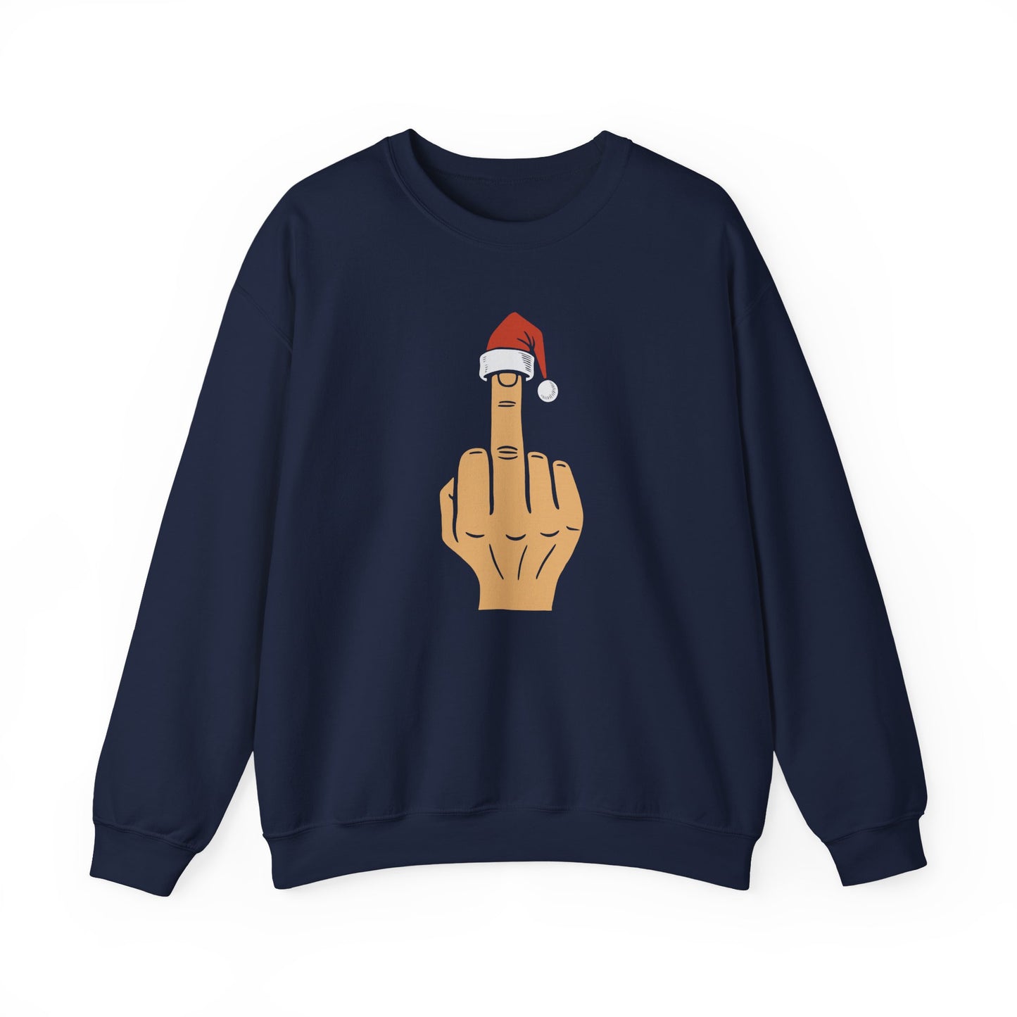 Middle Finger with Santa Hat Crewneck | Naughty Christmas Sweatshirt | Funny Holiday T-Shirt for Adults | Sarcastic Santa Gift