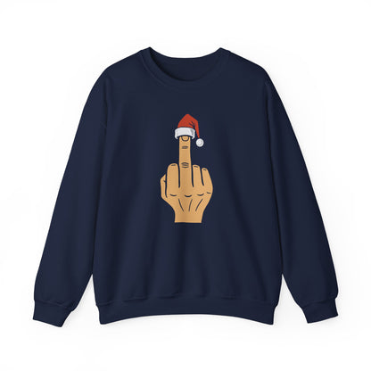 Middle Finger with Santa Hat Crewneck | Naughty Christmas Sweatshirt | Funny Holiday T-Shirt for Adults | Sarcastic Santa Gift