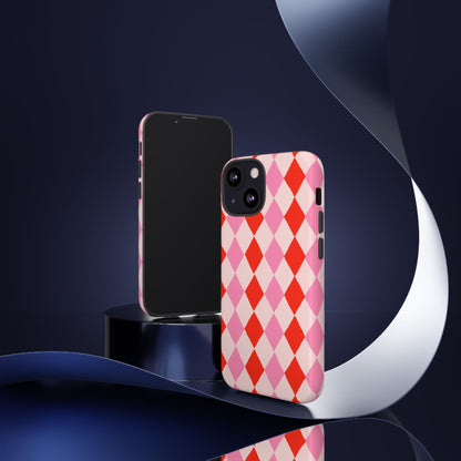 Tough Cases with Red Pink Diamonds, Retro Checkerboard iPhone Case And Samsung Case, Slim Fit Phone Case, Stylish Gift