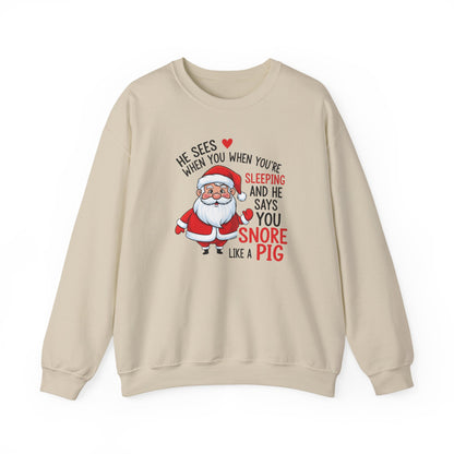 Funny Santa Christmas Sweatshirt He Sees When You are Sleeping and He Says You Snore Like a Pig |Holiday Humor Crewneck |Cozy Christmas Gift