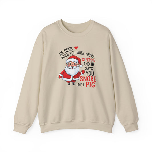 Funny Santa Christmas Sweatshirt He Sees When You are Sleeping and He Says You Snore Like a Pig |Holiday Humor Crewneck |Cozy Christmas Gift