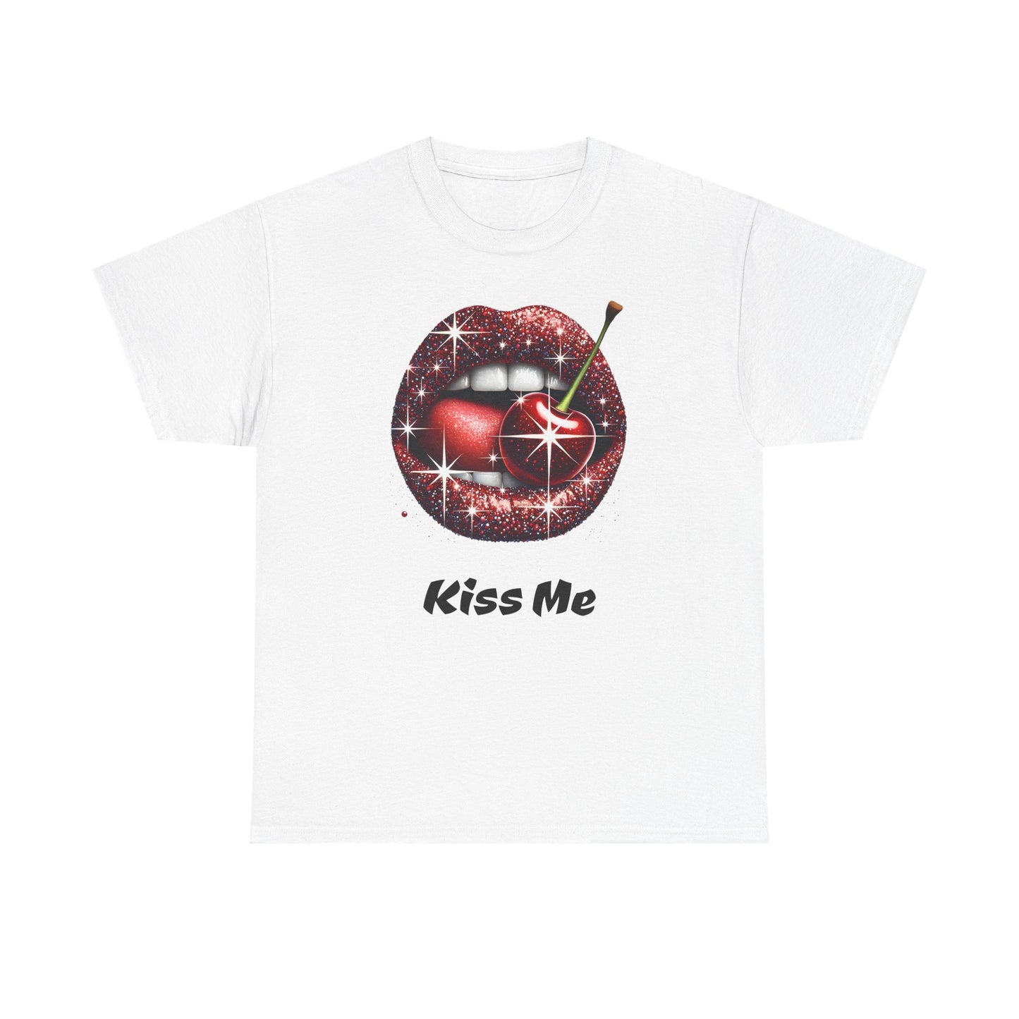 Glitter Lips Cherry Kiss Me Tee, Retro Pinup Graphic Shirt, Flirty Pop Art T-Shirt, Vintage Style Cotton Tee