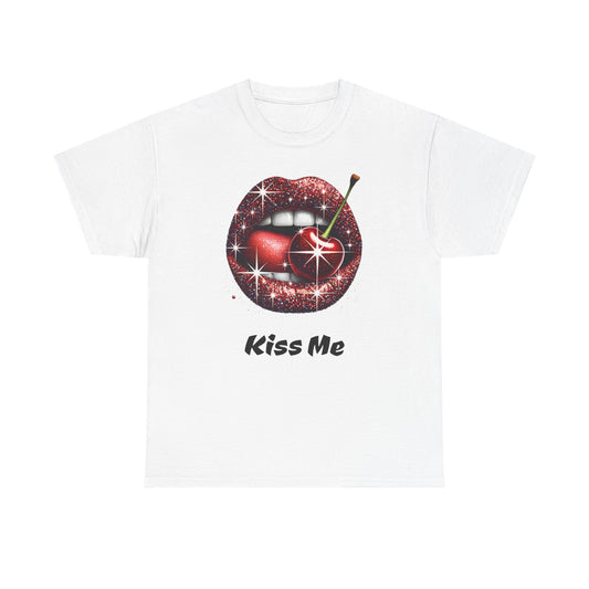 Glitter Lips Cherry Kiss Me Tee, Retro Pinup Graphic Shirt, Flirty Pop Art T-Shirt, Vintage Style Cotton Tee