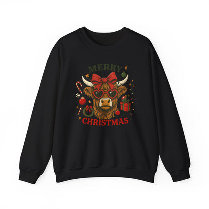 Merry Christmas Highland Cow Sweatshirt, Cow Christmas Crewneck, Funny Holiday Farm Shirt, Western Christmas Sweater, Cozy Xmas Gift for Her
