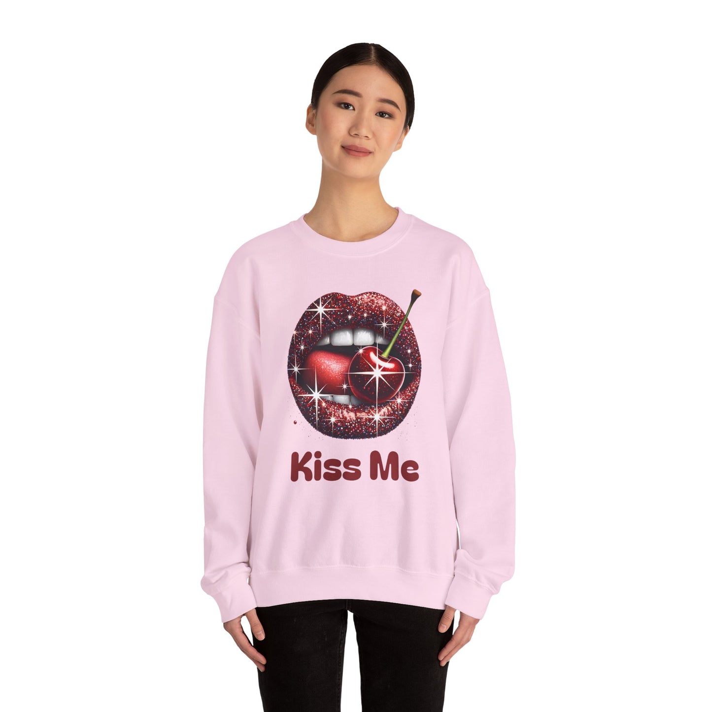Cherry Kiss Me Sweatshirt, Glitter Lips Cherry Graphic Crewneck, Retro Pop Art Sweatshirt, Cute Flirty Pullover, Unisex Cozy Top