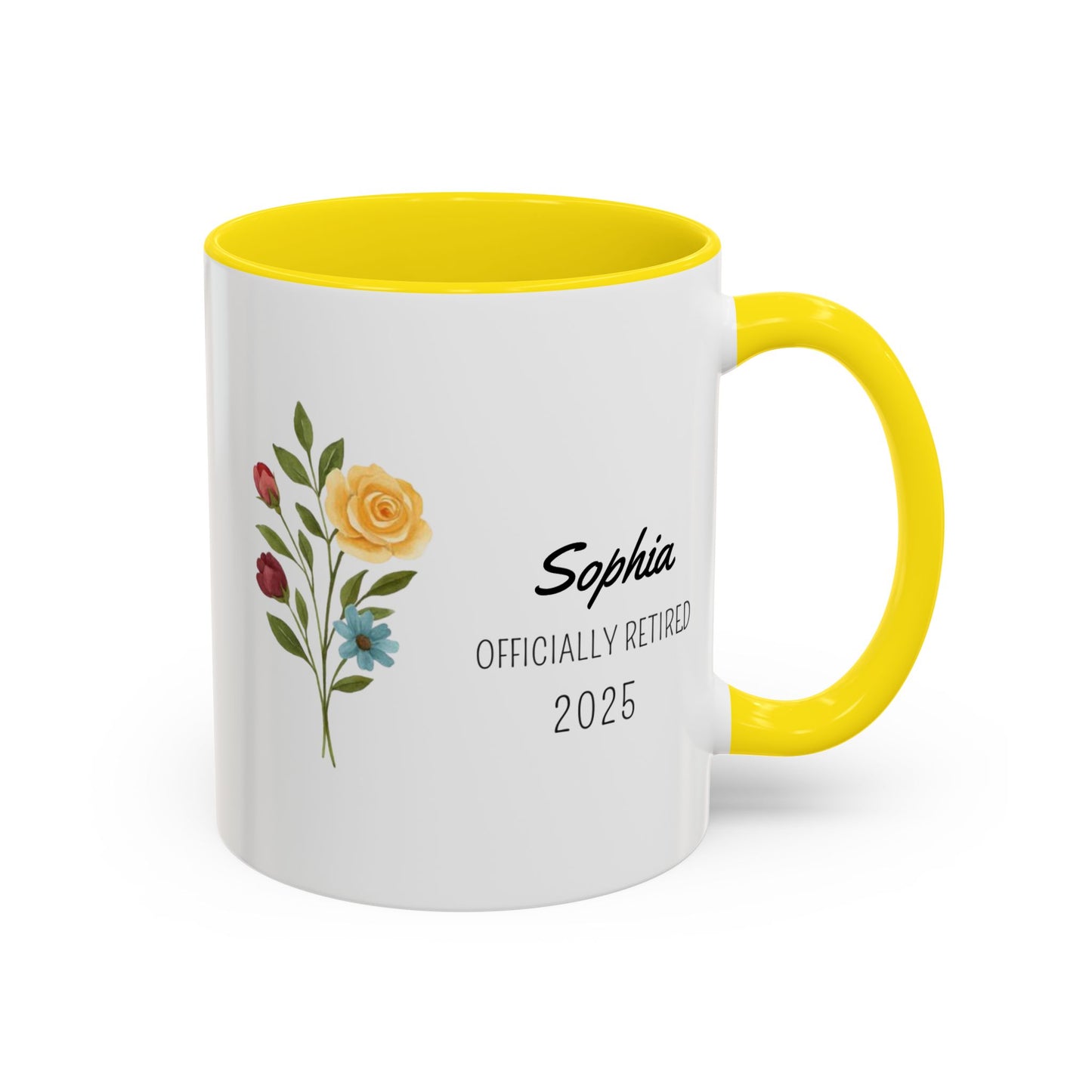 Personalized Retirement Coffee Mug, Floral Design, Gift for Retirees, Custom Name Mug, Celebration Drinkware, Retirement Day Gift