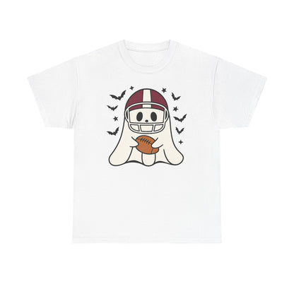 Halloween Ghost Football Tee, Unisex Heavy Cotton T-Shirt, Fun Halloween Apparel, Spooky Game Day Shirt, October Celebration Wear