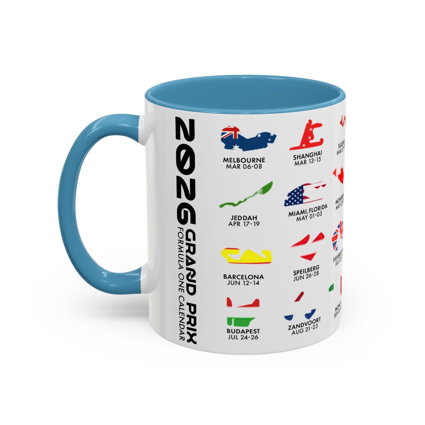 2026 Grand Prix Calendar Mug, Formula 1 Accent Coffee Mug, F1 Circuit Icons Cup, Motorsport Fan Gift, Racing Calendar Ceramic Mug