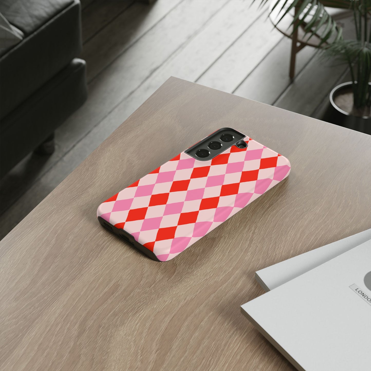 Tough Cases with Red Pink Diamonds, Retro Checkerboard iPhone Case And Samsung Case, Slim Fit Phone Case, Stylish Gift