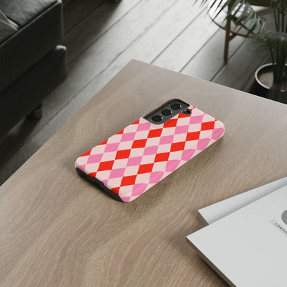 Tough Cases with Red Pink Diamonds, Retro Checkerboard iPhone Case And Samsung Case, Slim Fit Phone Case, Stylish Gift