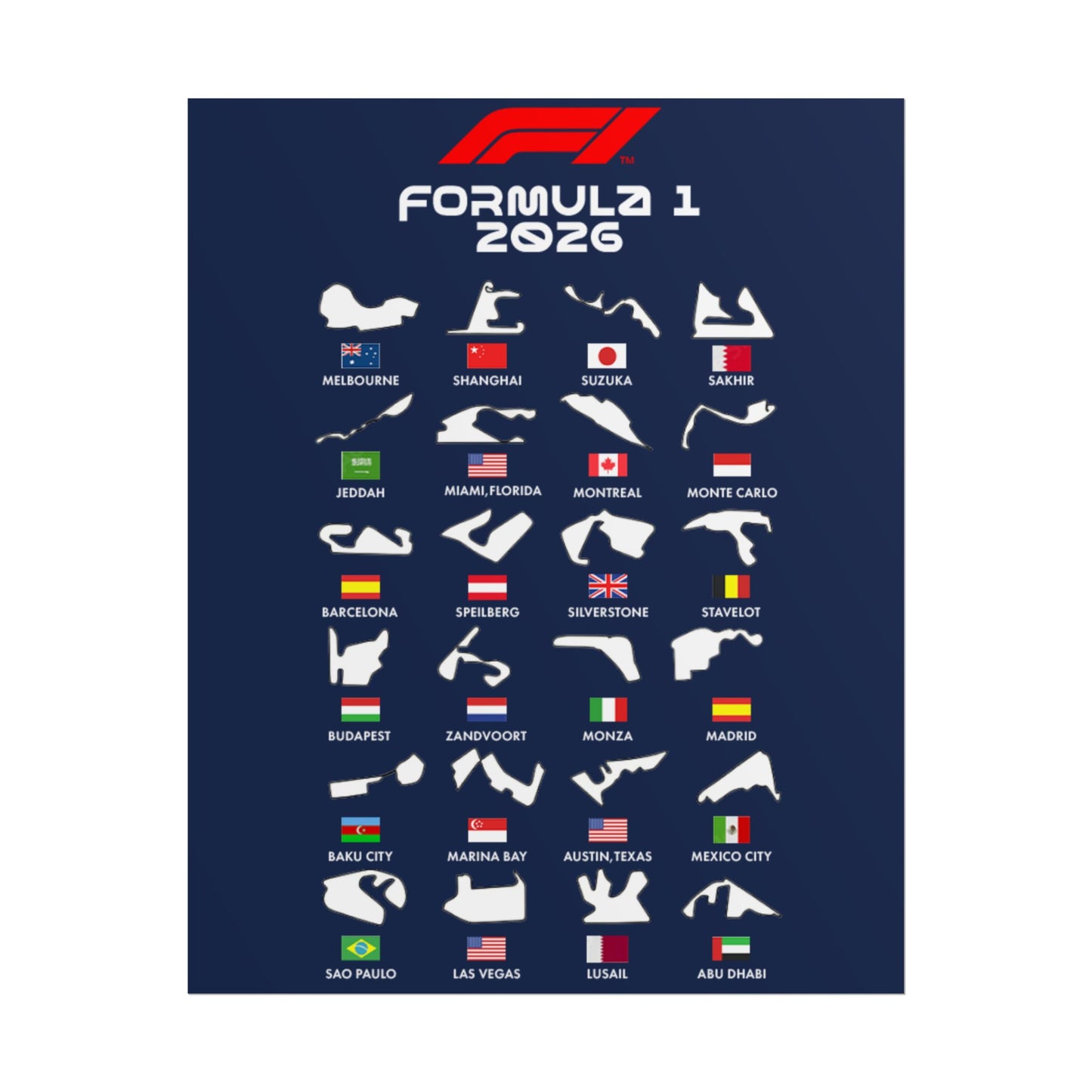 Formula 1 2026 Track Silhouettes Poster, F1 Circuits Map Wall Art, Grand Prix Calendar Print, Motorsport Racing Decor, Rolled Poster