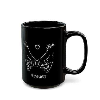 Holding Hands Couple Mug | Personalized Names & Date Black Coffee Cup | Custom Line Art Mug | Valentine Anniversary Gift for Couples