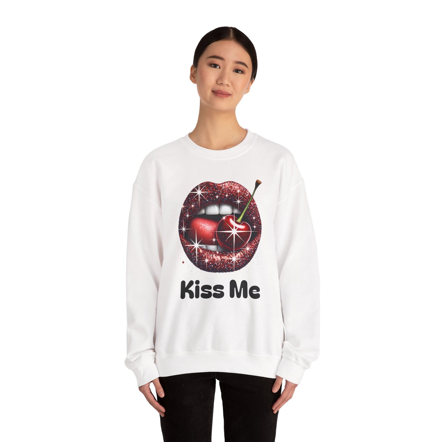 Cherry Kiss Me Sweatshirt, Glitter Lips Cherry Graphic Crewneck, Retro Pop Art Sweatshirt, Cute Flirty Pullover, Unisex Cozy Top