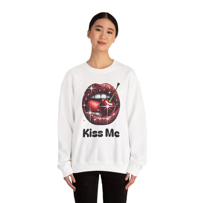 Cherry Kiss Me Sweatshirt, Glitter Lips Cherry Graphic Crewneck, Retro Pop Art Sweatshirt, Cute Flirty Pullover, Unisex Cozy Top