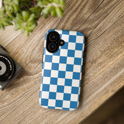 Checkered Phone Case, iPhone 17 Pro, 17, 16, 15, 14, 13, 12, 11, X, XR, XS MAX, Smartphone Cover, Blue and White Mobile Protector