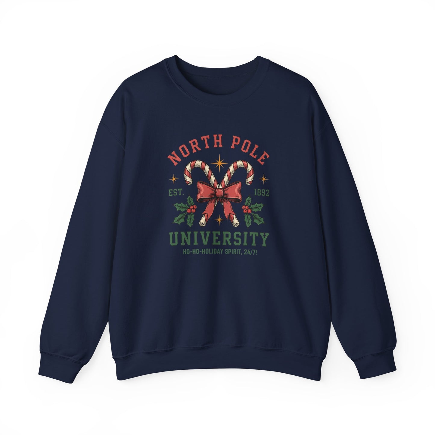North Pole University Christmas Sweatshirt Candy Cane College Crewneck, Cute Christmas Sweater for Women, Cozy Winter Sweatshirt