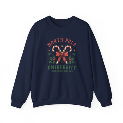 North Pole University Christmas Sweatshirt Candy Cane College Crewneck, Cute Christmas Sweater for Women, Cozy Winter Sweatshirt