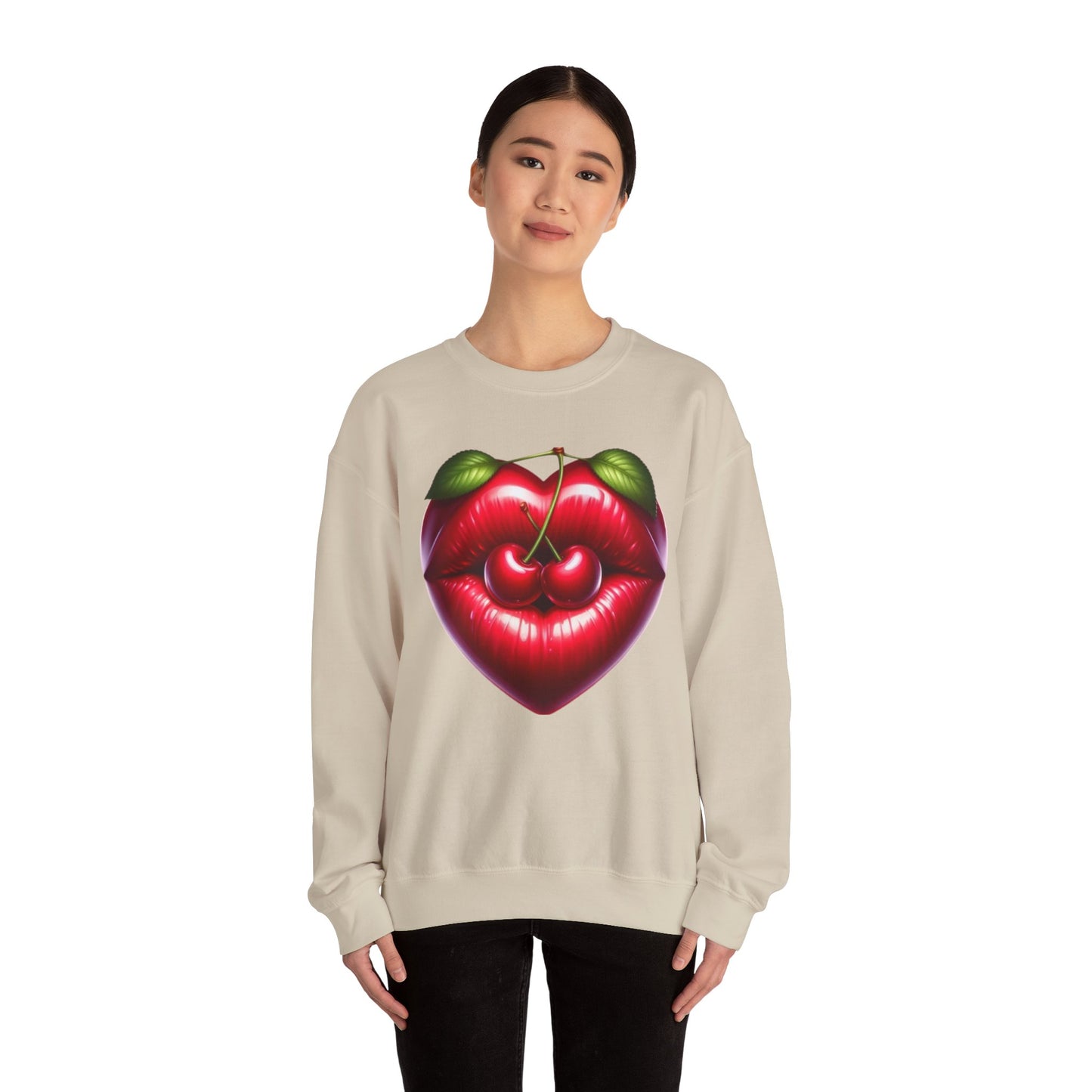 Heart Cherry Lips Sweatshirt, Cherry Face Graphic Crewneck, Cute Aesthetic Sweatshirt, Retro Pop Art Pullover, Unisex Cozy Top
