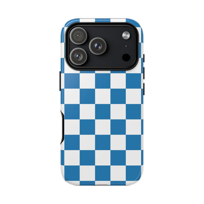 Checkered Phone Case, iPhone 17 Pro, 17, 16, 15, 14, 13, 12, 11, X, XR, XS MAX, Smartphone Cover, Blue and White Mobile Protector