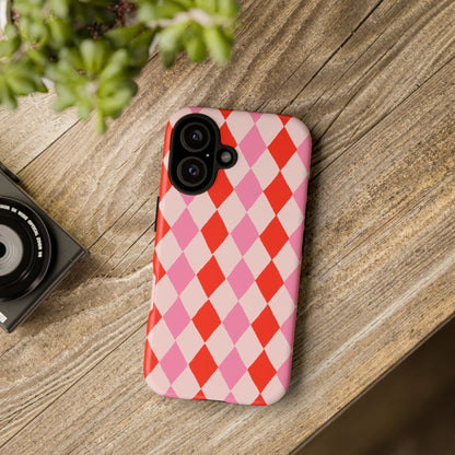 Tough Cases with Red Pink Diamonds, Retro Checkerboard iPhone Case And Samsung Case, Slim Fit Phone Case, Stylish Gift