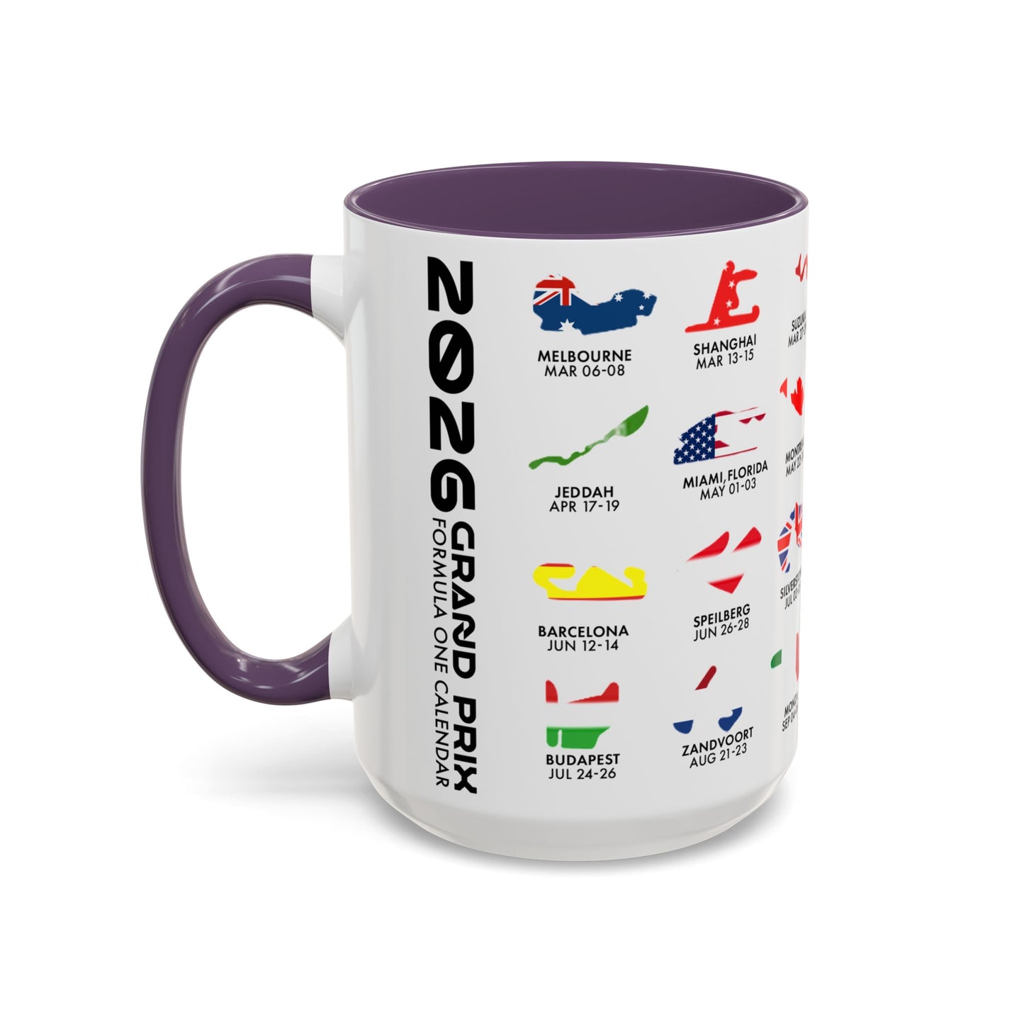 2026 Grand Prix Calendar Mug, Formula 1 Accent Coffee Mug, F1 Circuit Icons Cup, Motorsport Fan Gift, Racing Calendar Ceramic Mug