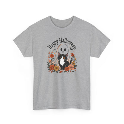 Halloween Cat & Ghost Tee, Heavy Cotton Shirt, Spooky Season Apparel, Autumn Gift, Fall Festival Outfit, Haunted House Wear