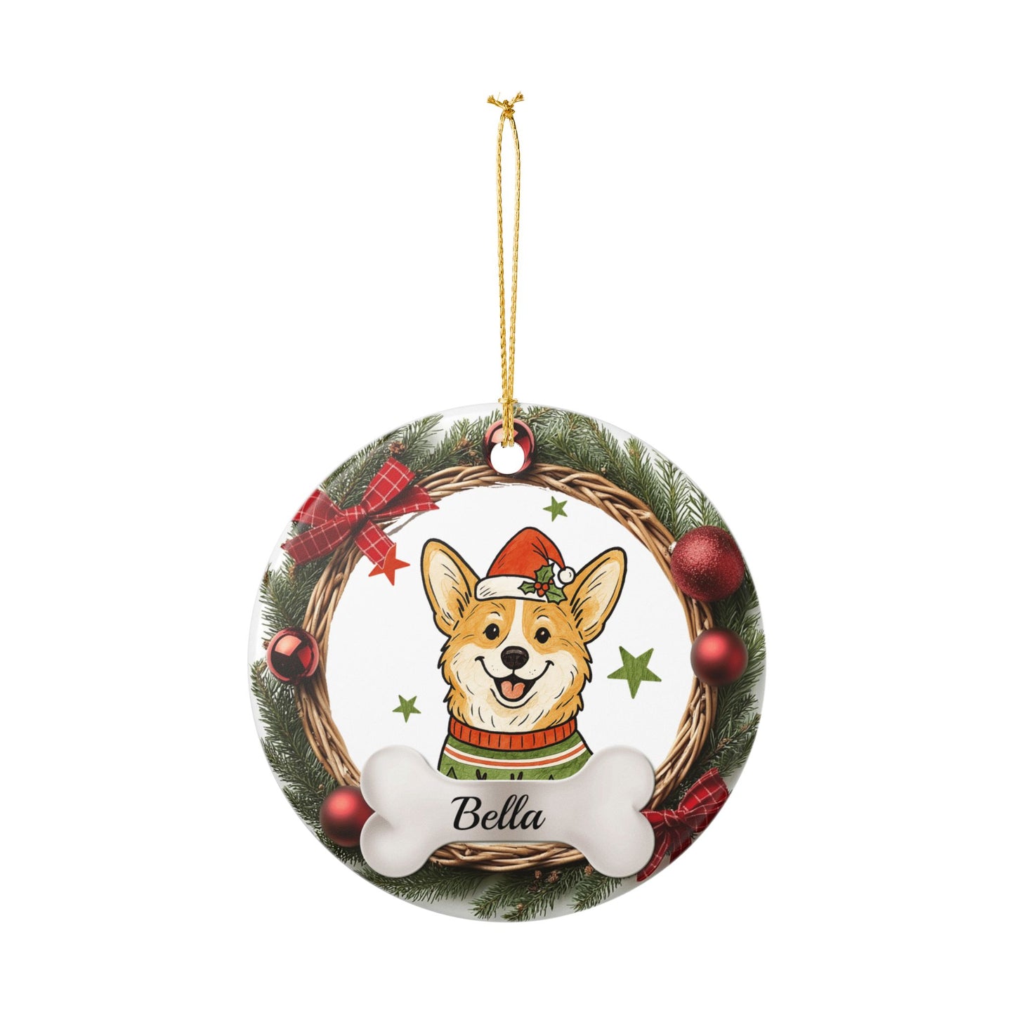Corgi in Santa Hat Ceramic Ornament, Dog Bone Name Plate, Pet Decor, Cute Christmas Ornament for Dog Lovers, Personalized Holiday Decor