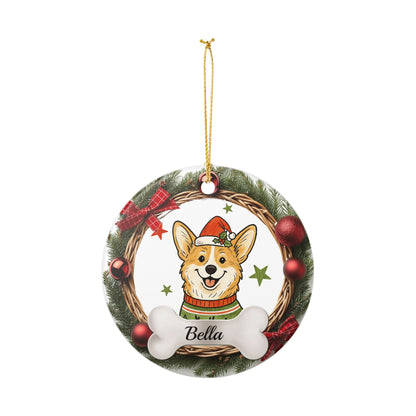 Corgi in Santa Hat Ceramic Ornament, Dog Bone Name Plate, Pet Decor, Cute Christmas Ornament for Dog Lovers, Personalized Holiday Decor