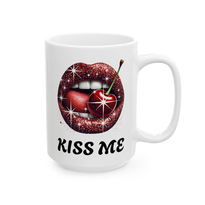 Kiss Me Coffee Mug, Cherry Lips Design Ceramic Mug, Cute Aesthetic Coffee Cup, 11oz 15oz Gift, Fun Novelty Mug