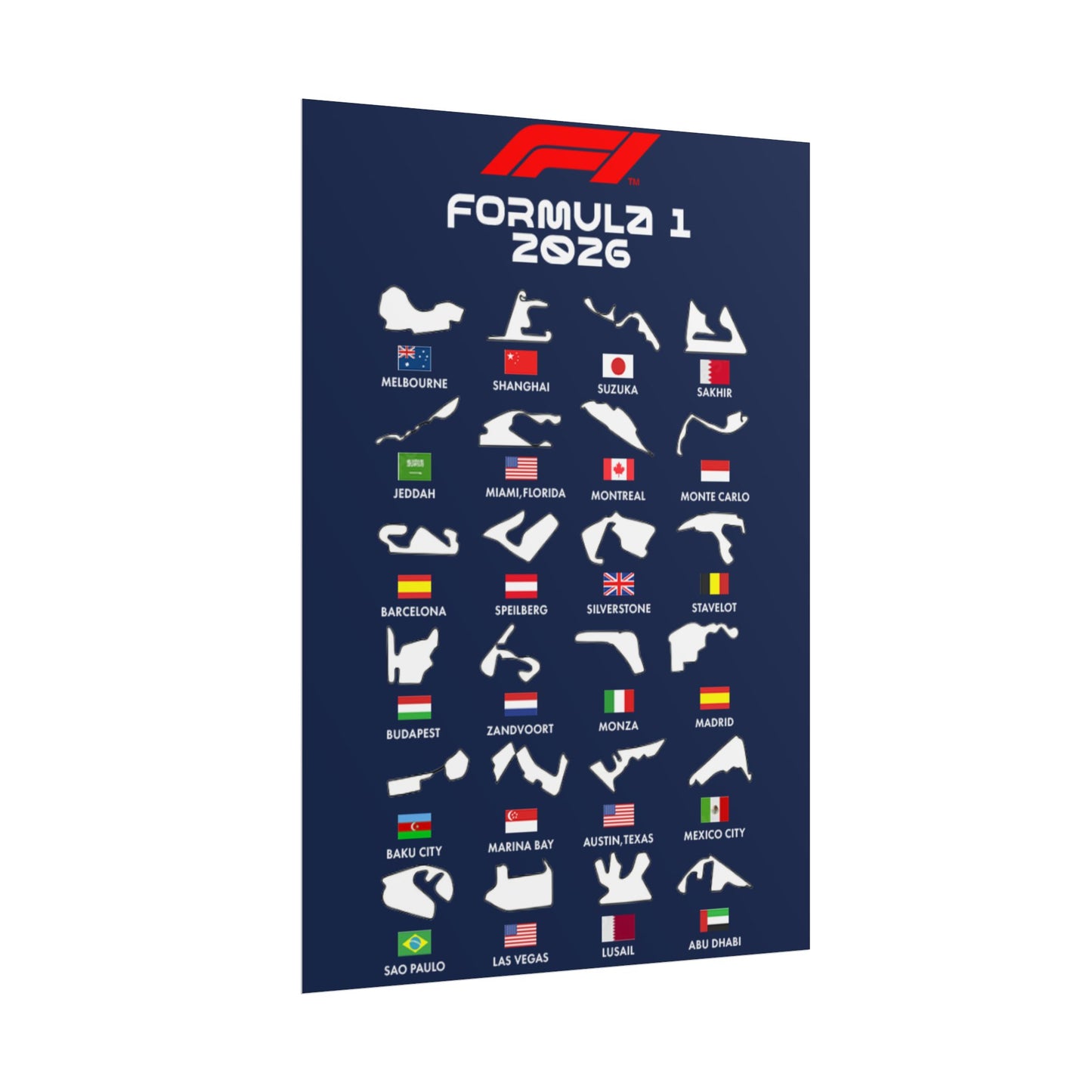 Formula 1 2026 Track Silhouettes Poster, F1 Circuits Map Wall Art, Grand Prix Calendar Print, Motorsport Racing Decor, Rolled Poster