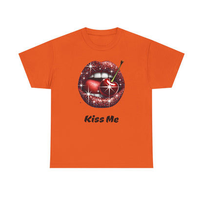 Glitter Lips Cherry Kiss Me Tee, Retro Pinup Graphic Shirt, Flirty Pop Art T-Shirt, Vintage Style Cotton Tee