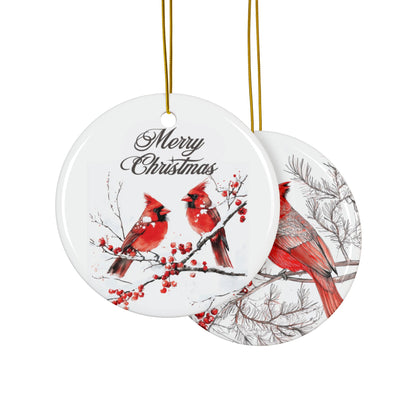 Cardinal Birds Christmas Ornament, Double-Sided Ceramic Cardinal Decoration, Winter Cardinal Holiday Ornament, Merry Christmas Keepsake