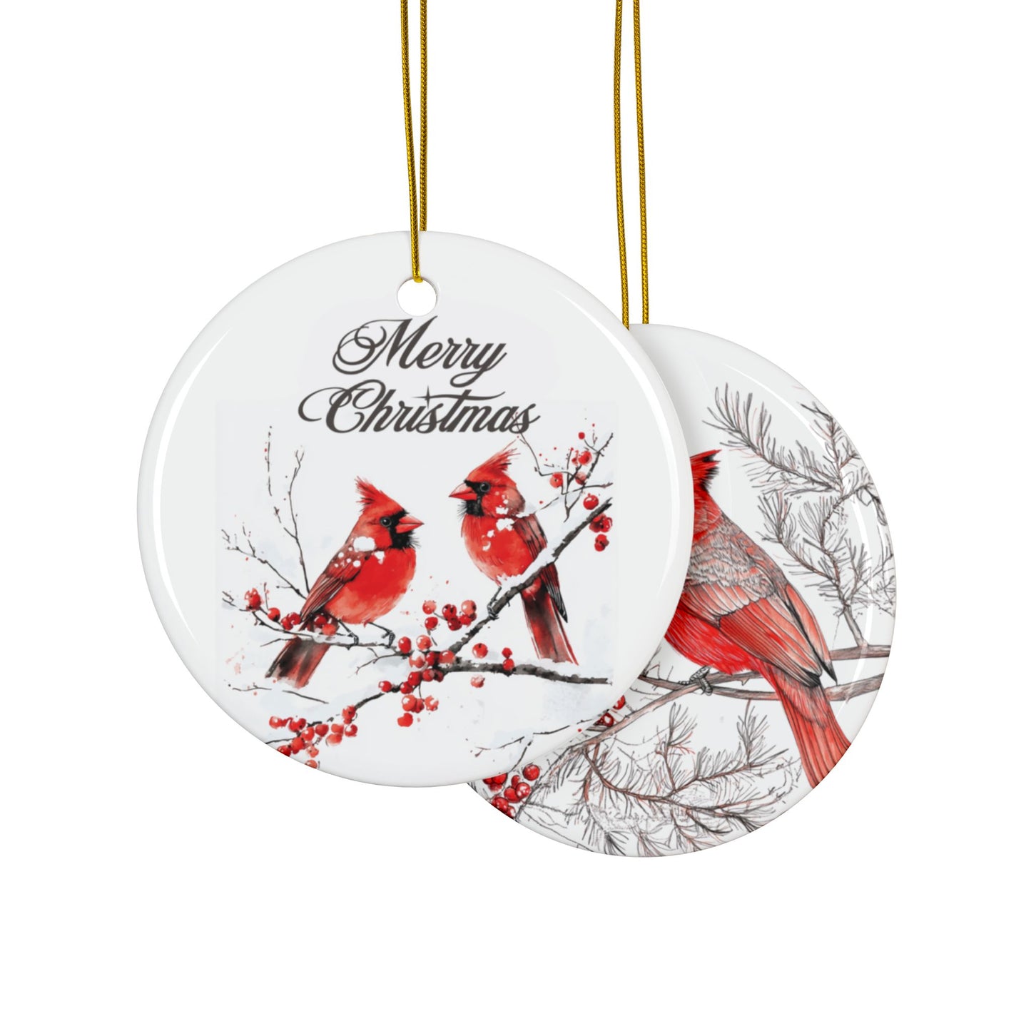 Cardinal Birds Christmas Ornament, Double-Sided Ceramic Cardinal Decoration, Winter Cardinal Holiday Ornament, Merry Christmas Keepsake