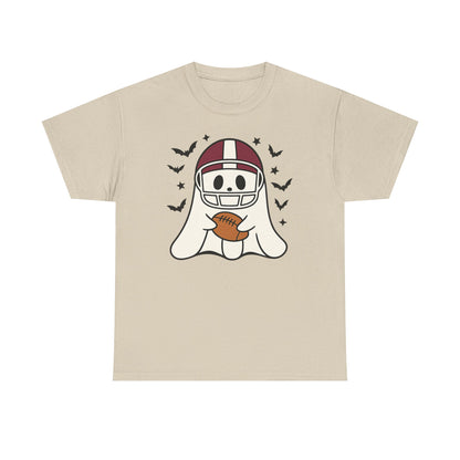 Halloween Ghost Football Tee, Unisex Heavy Cotton T-Shirt, Fun Halloween Apparel, Spooky Game Day Shirt, October Celebration Wear