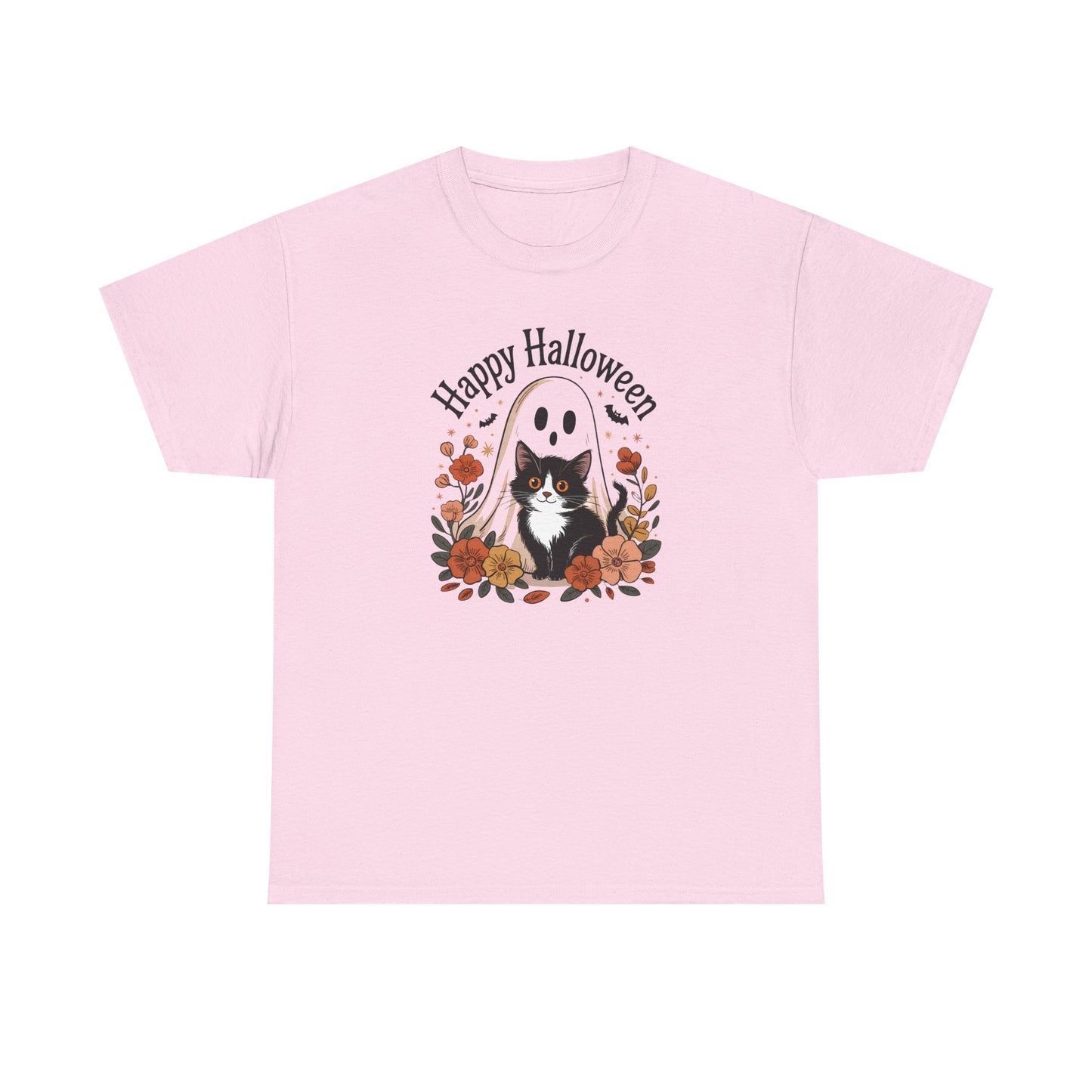Halloween Cat & Ghost Tee, Heavy Cotton Shirt, Spooky Season Apparel, Autumn Gift, Fall Festival Outfit, Haunted House Wear