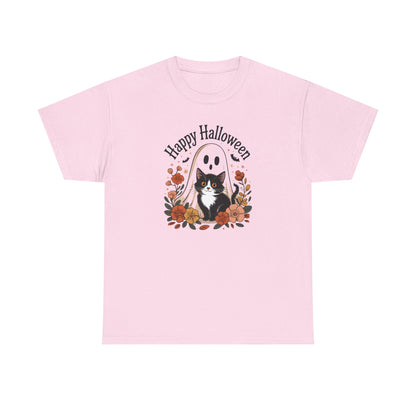 Halloween Cat & Ghost Tee, Heavy Cotton Shirt, Spooky Season Apparel, Autumn Gift, Fall Festival Outfit, Haunted House Wear