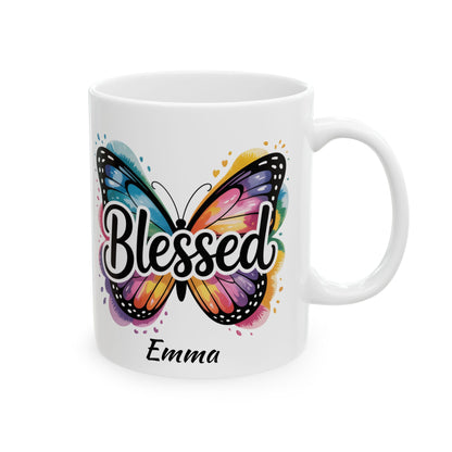 Blessed Butterfly Mug | Be Strong & Courageous Floral Ceramic Mug | Christmas Mug | Christmas Gift | Jesus Verse