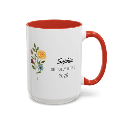 Personalized Retirement Coffee Mug, Floral Design, Gift for Retirees, Custom Name Mug, Celebration Drinkware, Retirement Day Gift