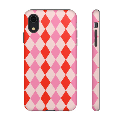 Tough Cases with Red Pink Diamonds, Retro Checkerboard iPhone Case And Samsung Case, Slim Fit Phone Case, Stylish Gift