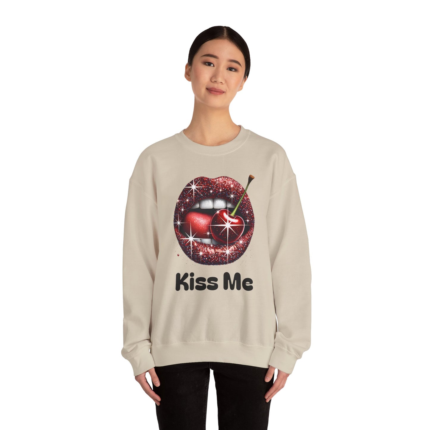 Cherry Kiss Me Sweatshirt, Glitter Lips Cherry Graphic Crewneck, Retro Pop Art Sweatshirt, Cute Flirty Pullover, Unisex Cozy Top