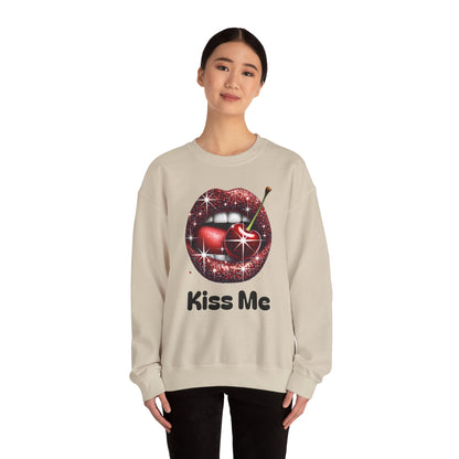 Cherry Kiss Me Sweatshirt, Glitter Lips Cherry Graphic Crewneck, Retro Pop Art Sweatshirt, Cute Flirty Pullover, Unisex Cozy Top