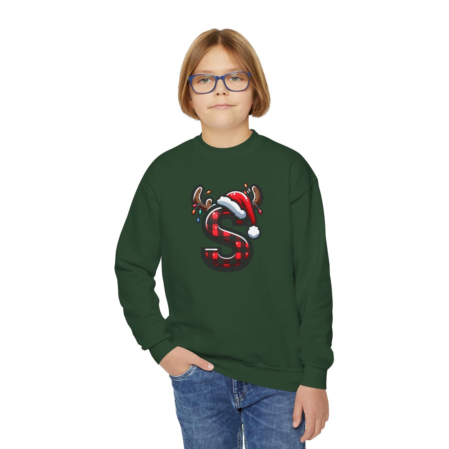 Festive Youth Crewneck Sweatshirt with Christmas Reindeer and Santa Hat, Holiday Gift for Kids, Winter Wear, Cozy Sweater, Christmas Apparel