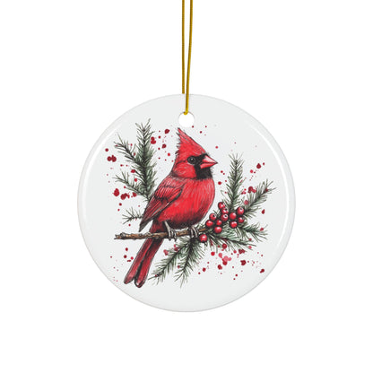 Red Cardinal Memorial Ornament, Double-Sided Ceramic Cardinal Decoration, Cardinal in Winter Ornament, Remembrance Christmas Gift
